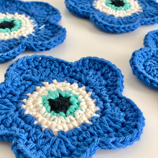 Evil Eye Crochet Flower Coaster